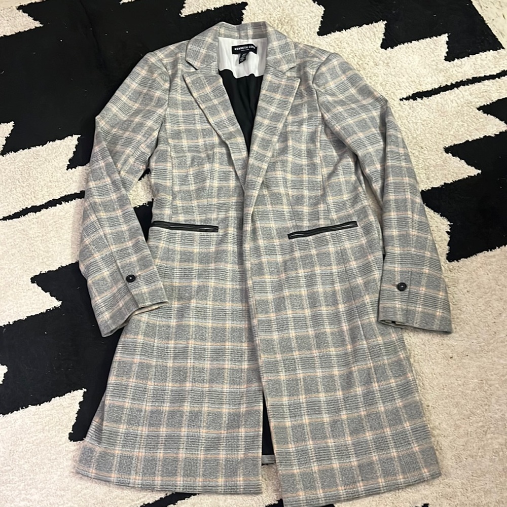 Kenneth Cole Grey Plaid Long Blazer Size Small
